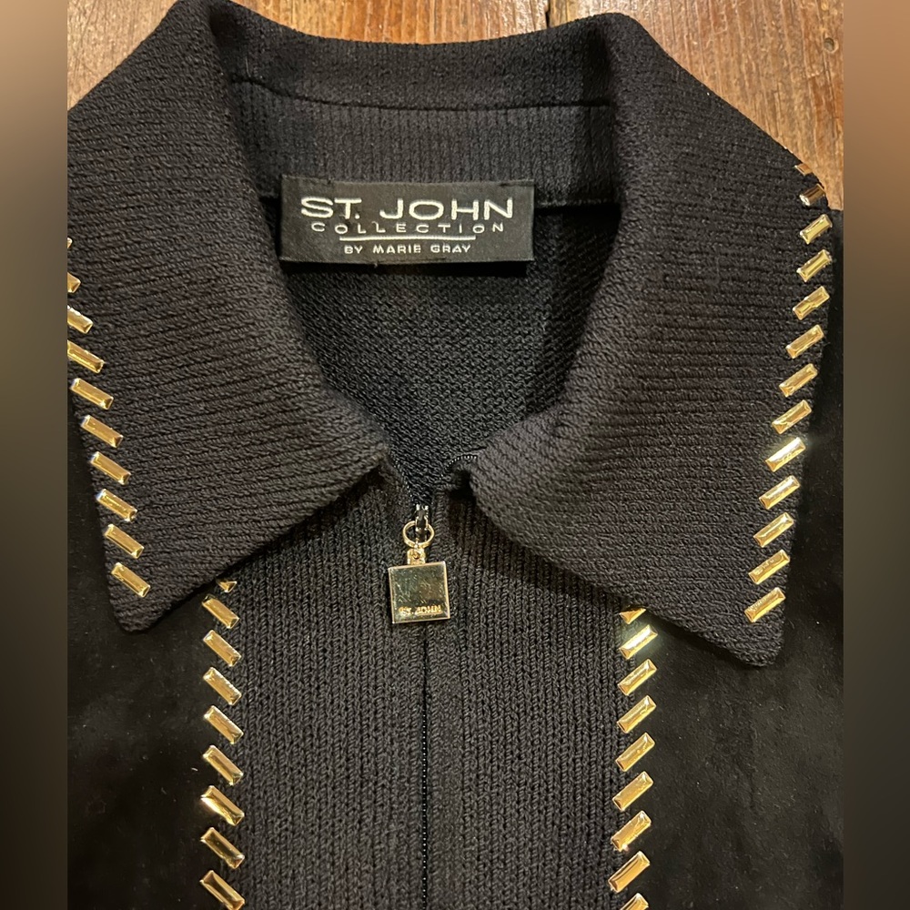 St. John Collection, Marie Gray Knit Suede Front + Gold Hardware Jacket Sweater - Picture 2 of 6